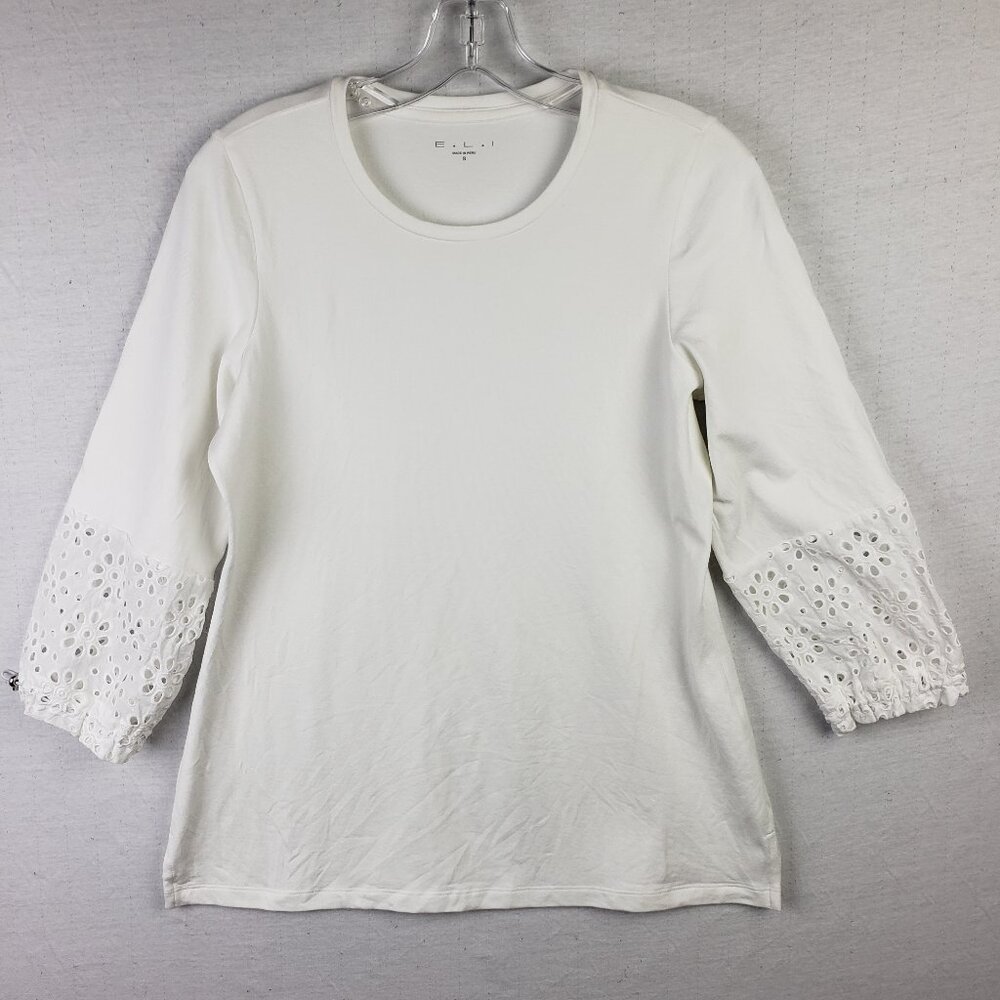 E.L.I. Clothing Eyelet Sleeve Top Peru Pima Cotton White size S Relaxed Fit